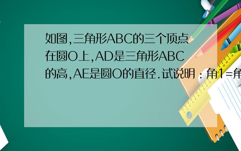 如图,三角形ABC的三个顶点在圆O上,AD是三角形ABC的高,AE是圆O的直径.试说明：角1=角2