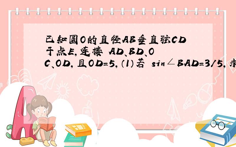 已知圆O的直径AB垂直弦CD于点E,连接 AD、BD、OC、OD,且OD=5,（1）若 sin∠BAD=3/5,求CD