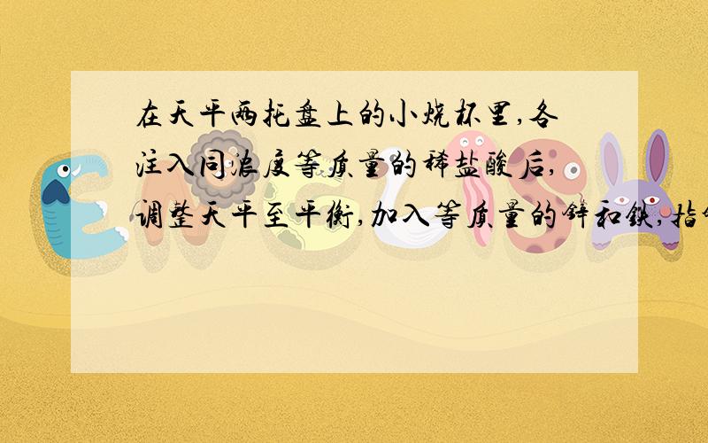 在天平两托盘上的小烧杯里,各注入同浓度等质量的稀盐酸后,调整天平至平衡,加入等质量的锌和铁,指针为什先向右偏后向左偏